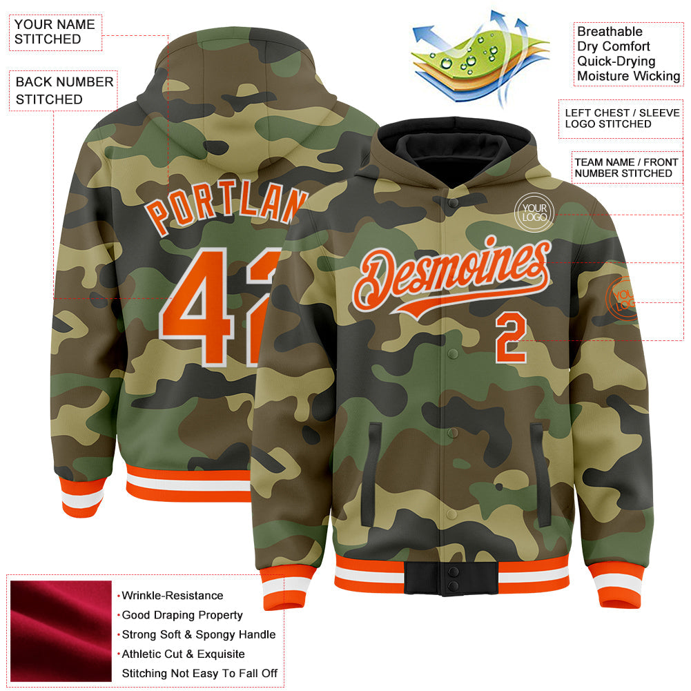Custom Camo Orange-White Bomber Full-Snap Varsity Letterman Salute To Service Hoodie Jacket view 3