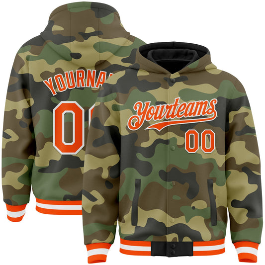 Custom Camo Orange-White Bomber Full-Snap Varsity Letterman Salute To Service Hoodie Jacket - Main View