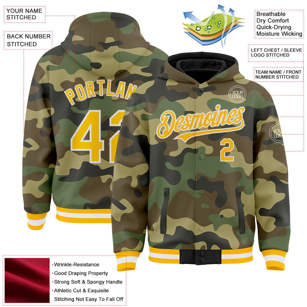 Custom Camo Gold-White Bomber Full-Snap Varsity Letterman Salute To Service Hoodie Jacket view 3
