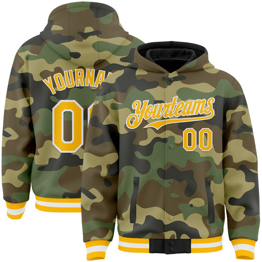 Custom Camo Gold-White Bomber Full-Snap Varsity Letterman Salute To Service Hoodie Jacket - Main View