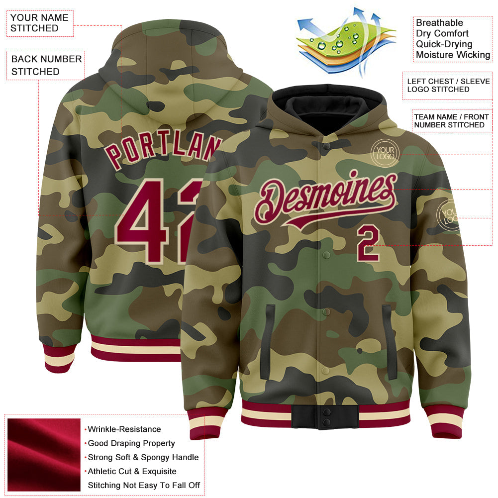 Custom Camo Maroon-Cream Bomber Full-Snap Varsity Letterman Salute To Service Hoodie Jacket view 3