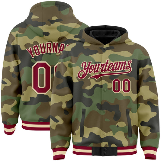 Custom Camo Maroon-Cream Bomber Full-Snap Varsity Letterman Salute To Service Hoodie Jacket - Main View