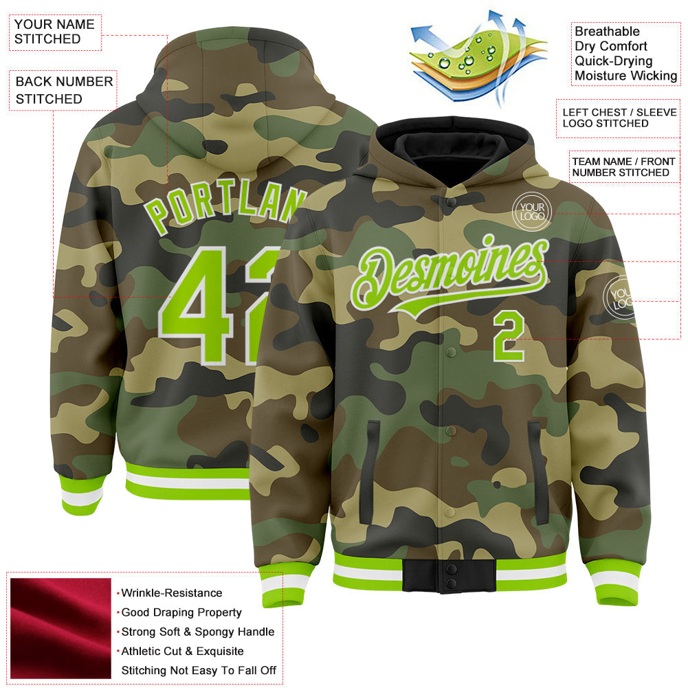Custom Camo Neon Green-White Bomber Full-Snap Varsity Letterman Salute To Service Hoodie Jacket view 3