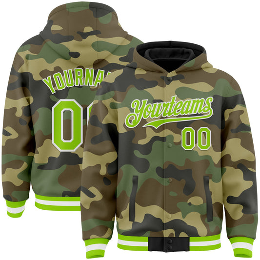 Custom Camo Neon Green-White Bomber Full-Snap Varsity Letterman Salute To Service Hoodie Jacket - Main View
