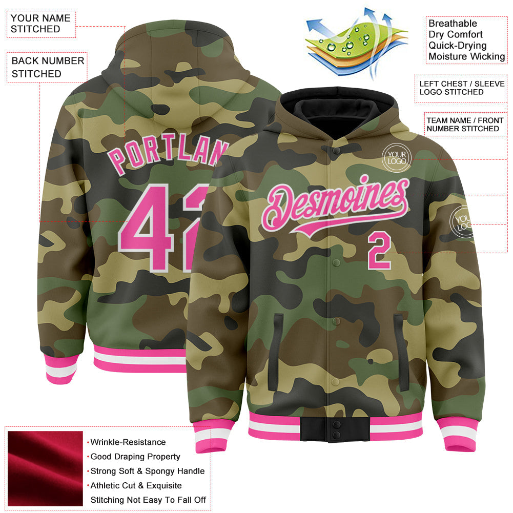 Custom Camo Pink-White Bomber Full-Snap Varsity Letterman Salute To Service Hoodie Jacket view 3