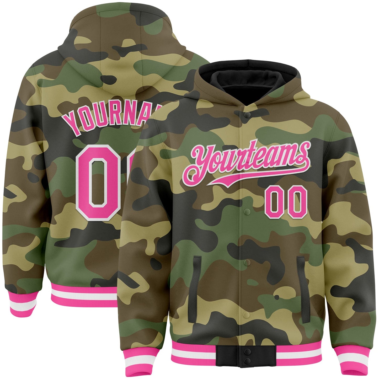Custom Camo Pink-White Bomber Full-Snap Varsity Letterman Salute To Service Hoodie Jacket - Main View