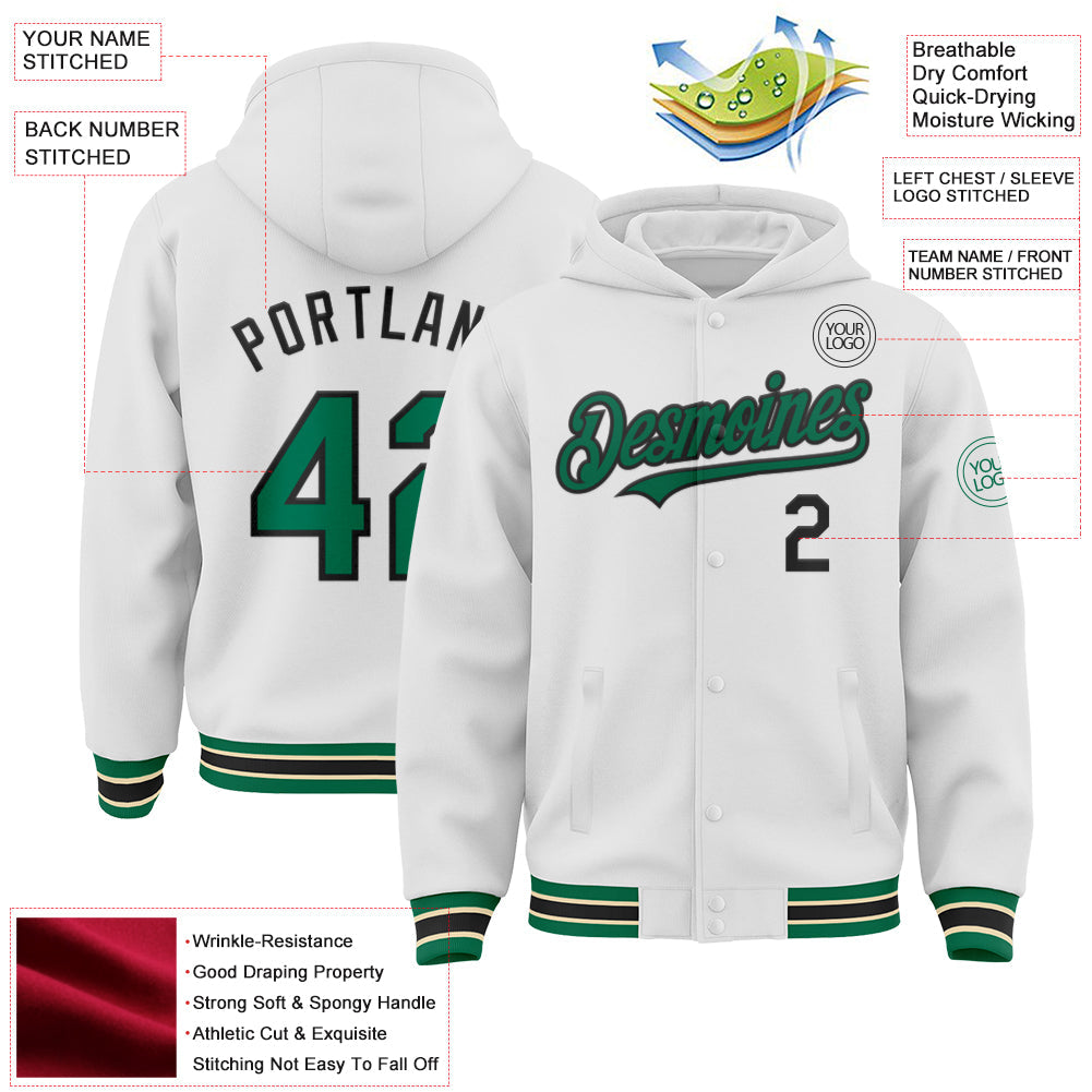 Custom White Kelly Green Black-Cream Bomber Full-Snap Varsity Letterman Hoodie Jacket view 3