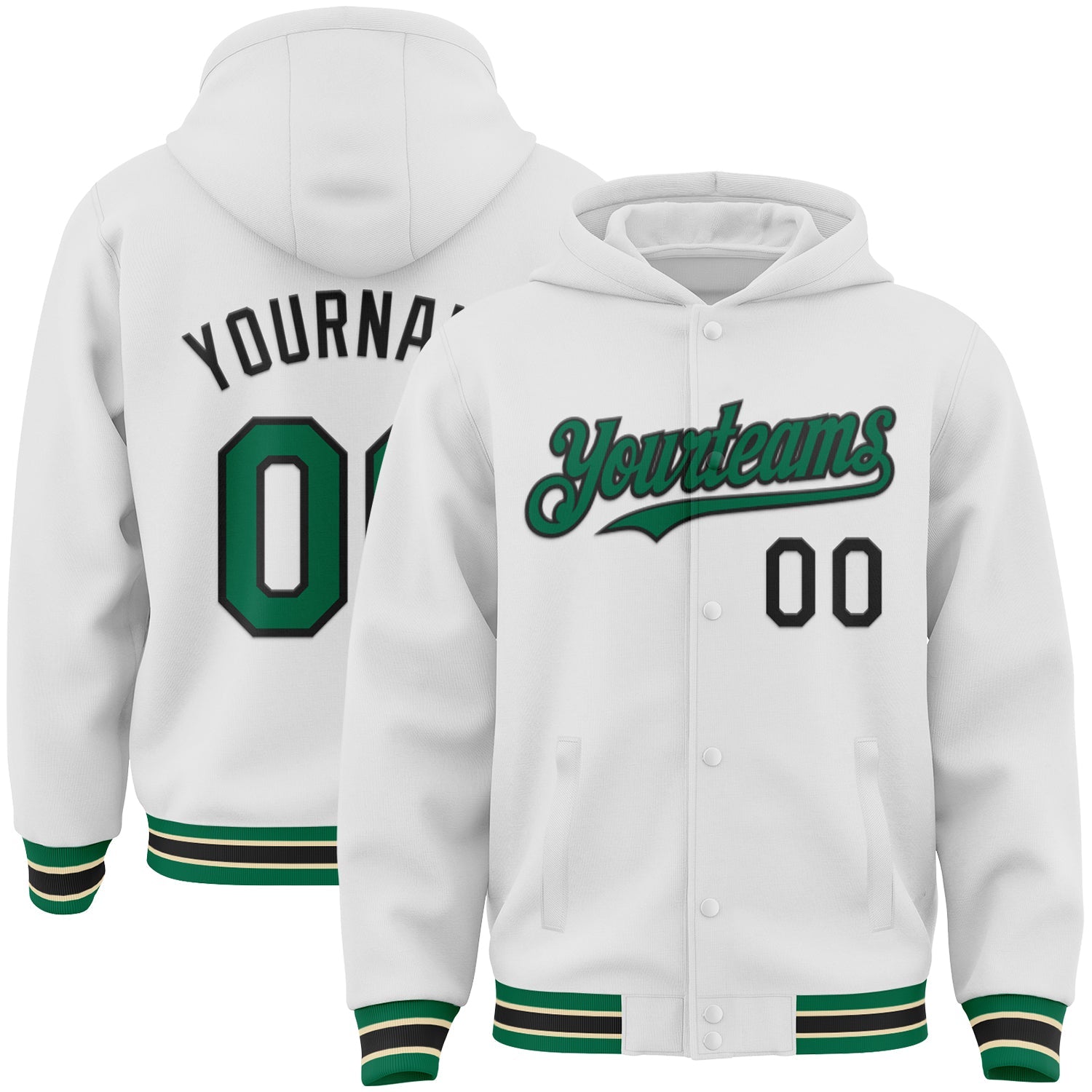 Custom White Kelly Green Black-Cream Bomber Full-Snap Varsity Letterman Hoodie Jacket - Main View