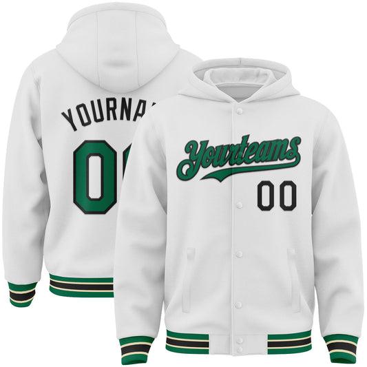 Custom White Kelly Green Black-Cream Bomber Full-Snap Varsity Letterman Hoodie Jacket - Main View