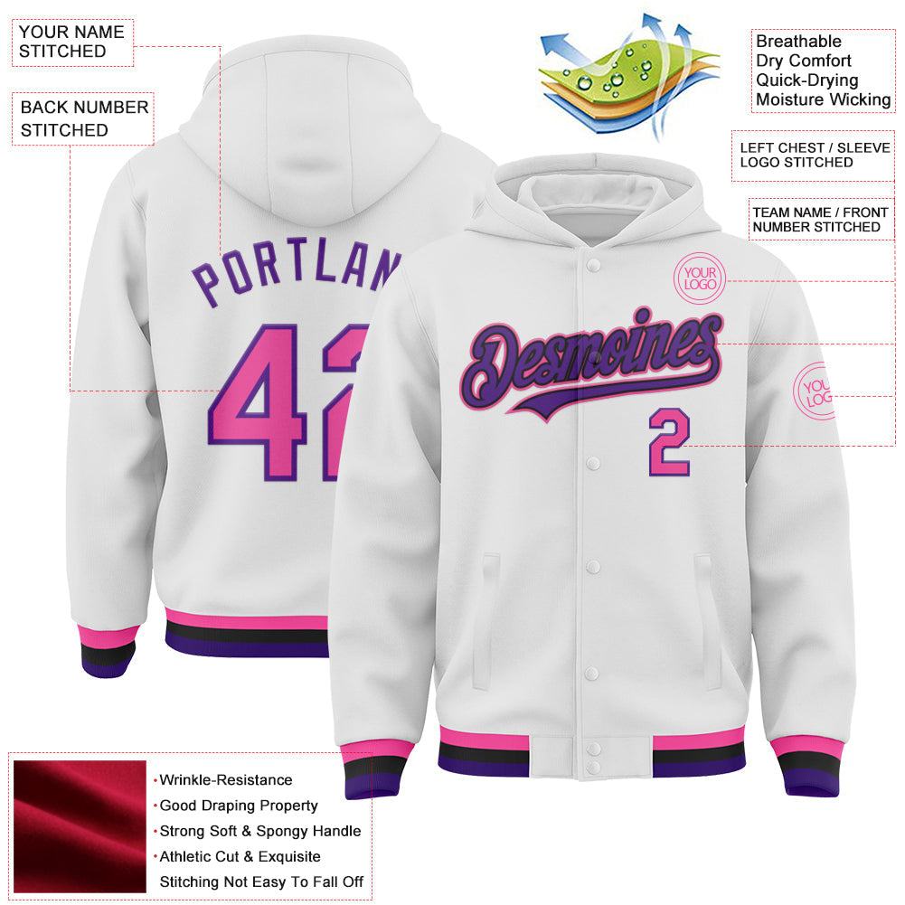 Custom White Pink Purple-Black Bomber Full-Snap Varsity Letterman Hoodie Jacket view 3