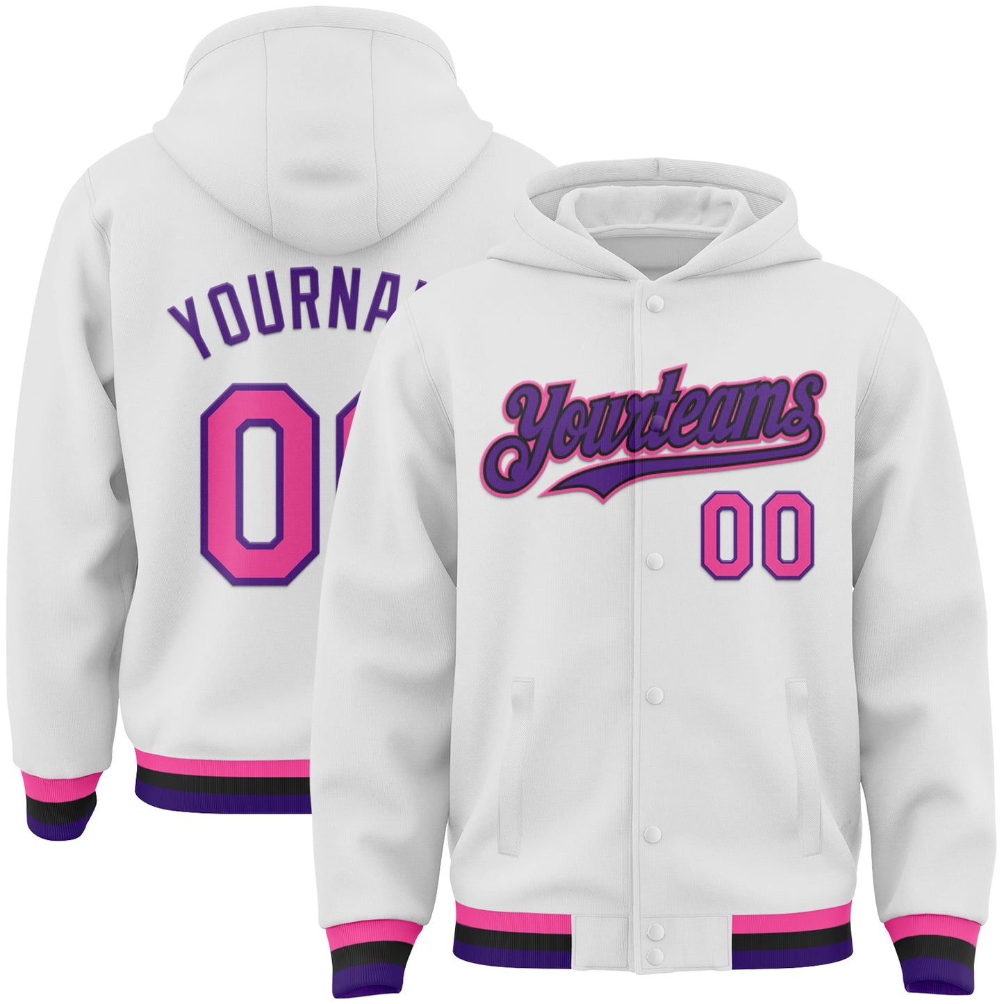 Custom White Pink Purple-Black Bomber Full-Snap Varsity Letterman Hoodie Jacket - Main View