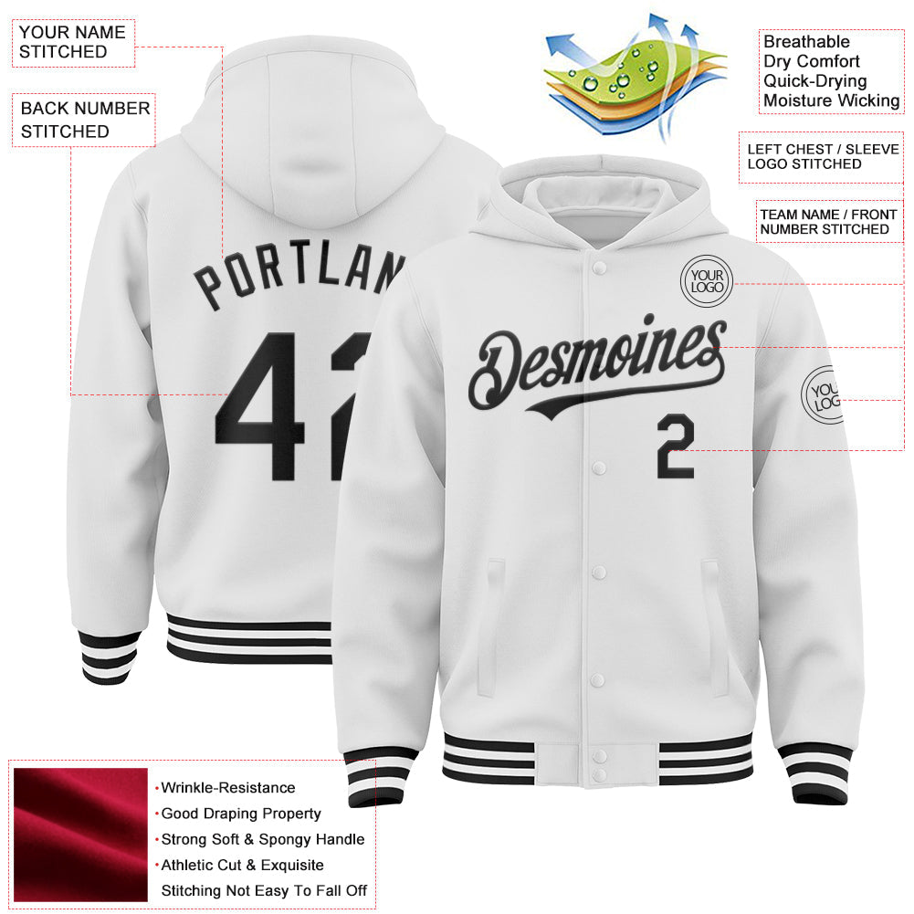 Custom White Black Bomber Full-Snap Varsity Letterman Hoodie Jacket view 3