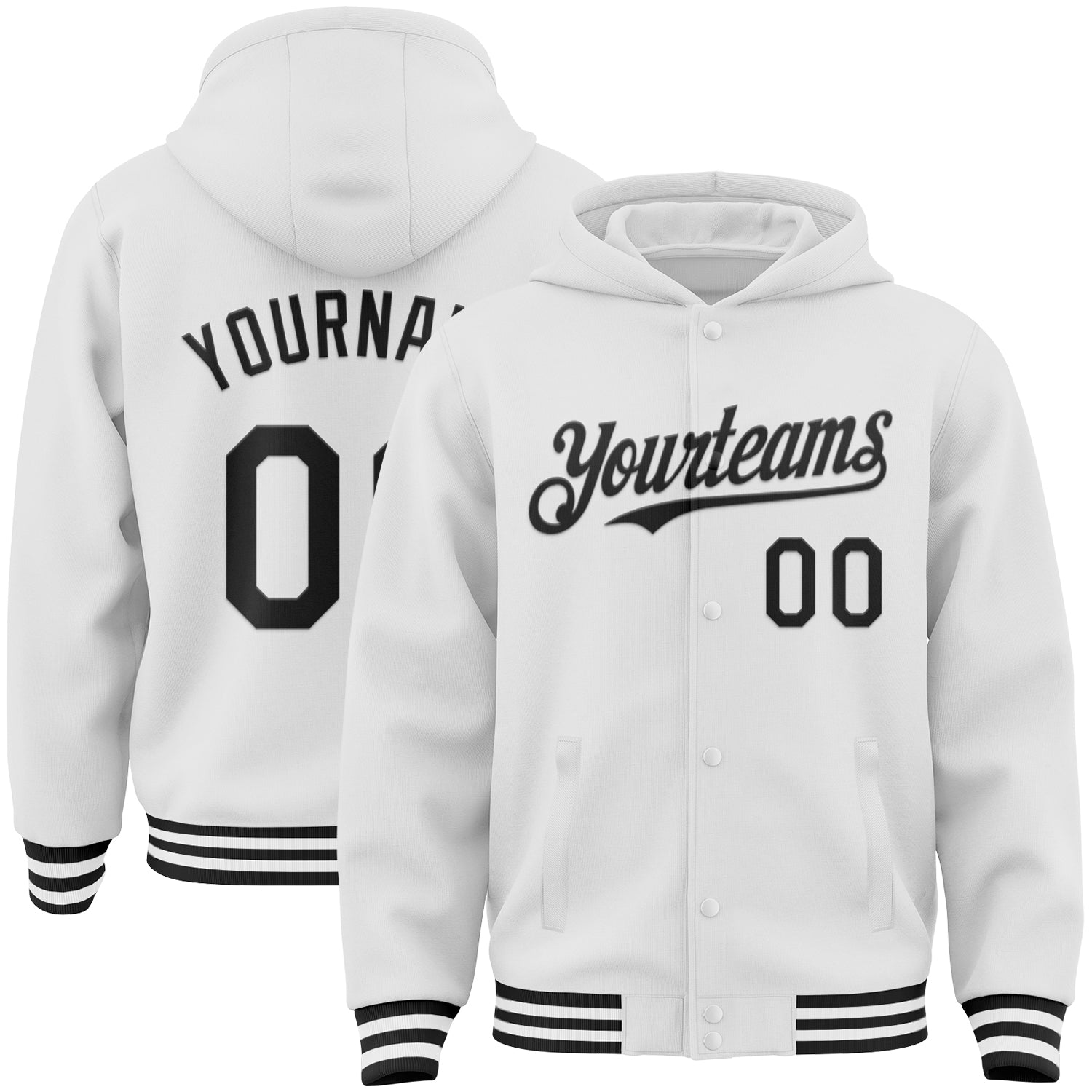Custom White Black Bomber Full-Snap Varsity Letterman Hoodie Jacket - Main View
