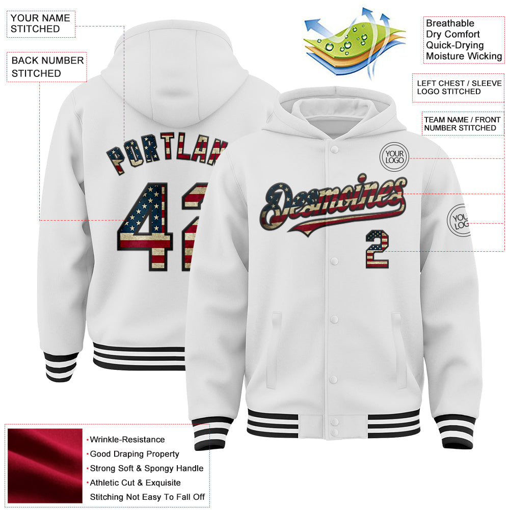 Custom White Vintage USA Flag-Black Bomber Full-Snap Varsity Letterman Hoodie Jacket view 3