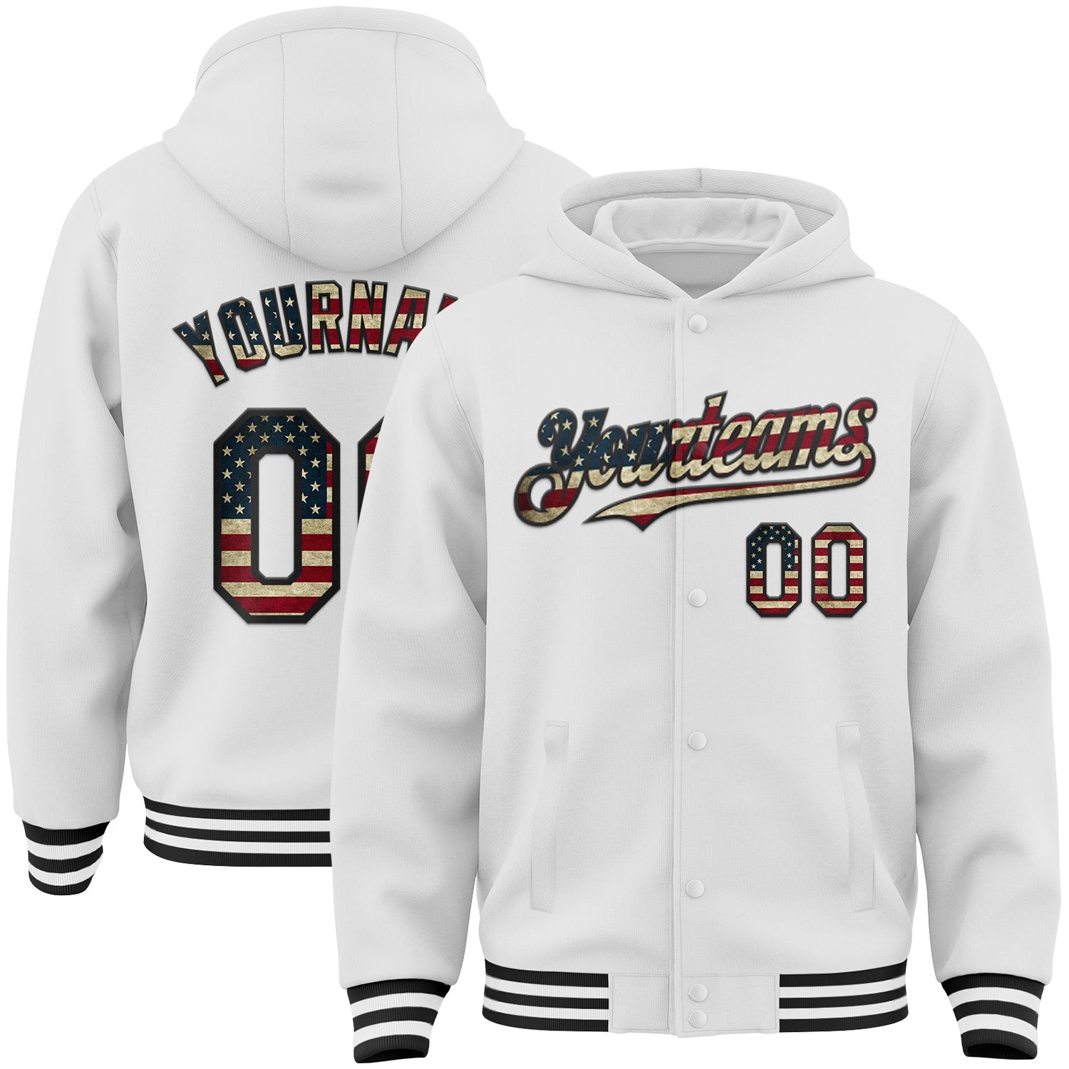 Custom White Vintage USA Flag-Black Bomber Full-Snap Varsity Letterman Hoodie Jacket - Main View