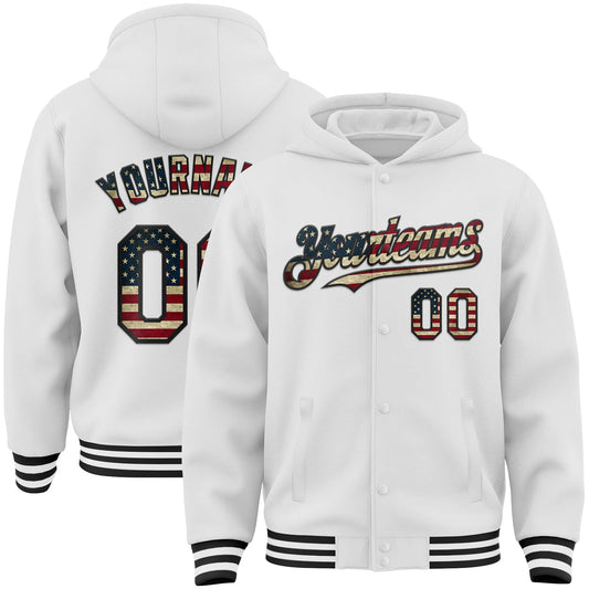 Custom White Vintage USA Flag-Black Bomber Full-Snap Varsity Letterman Hoodie Jacket - Main View