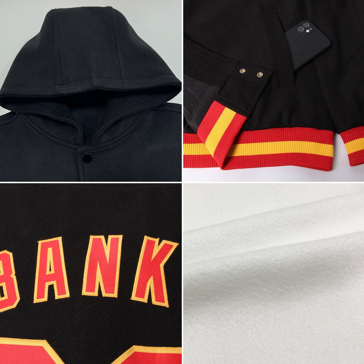 Custom White Black Bomber Full-Snap Varsity Letterman Hoodie Jacket view 2