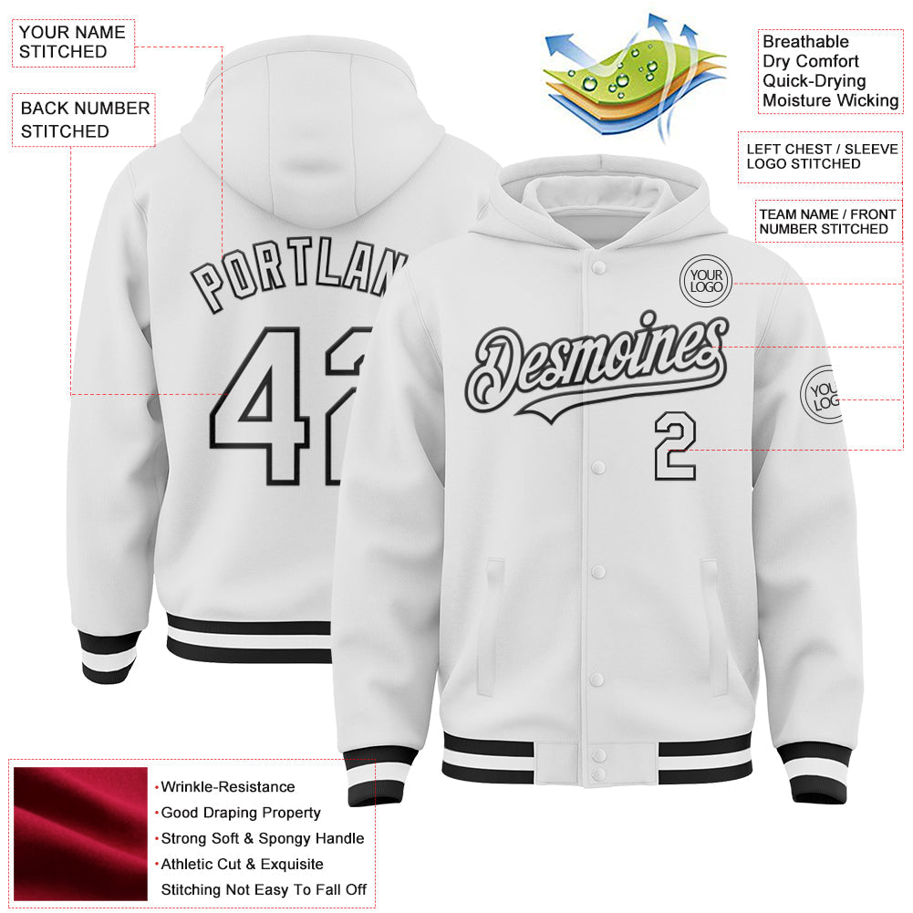 Custom White Black Bomber Full-Snap Varsity Letterman Hoodie Jacket view 3