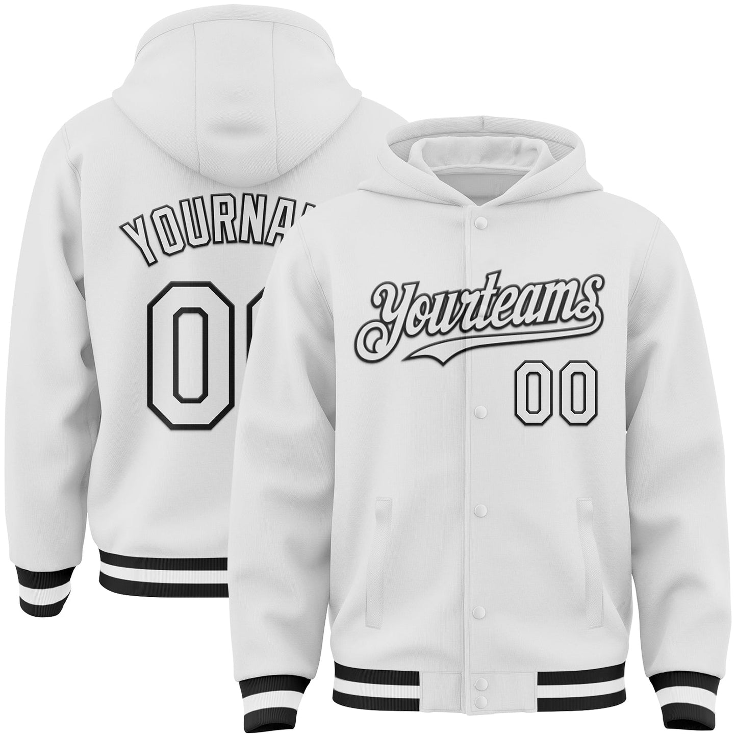 Custom White Black Bomber Full-Snap Varsity Letterman Hoodie Jacket - Main View