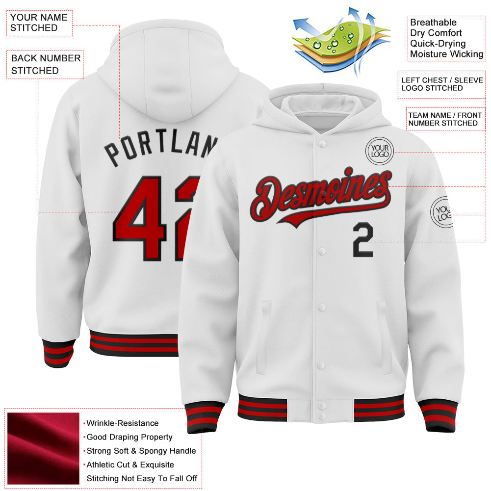 Custom White Red-Black Bomber Full-Snap Varsity Letterman Hoodie Jacket view 3