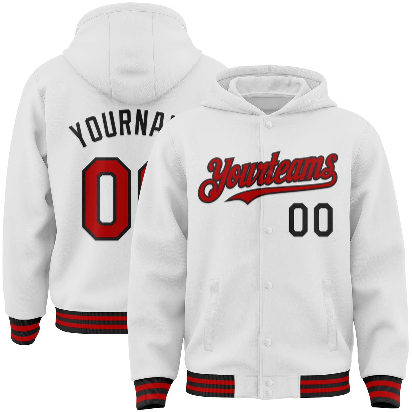 Custom White Red-Black Bomber Full-Snap Varsity Letterman Hoodie Jacket - Main View