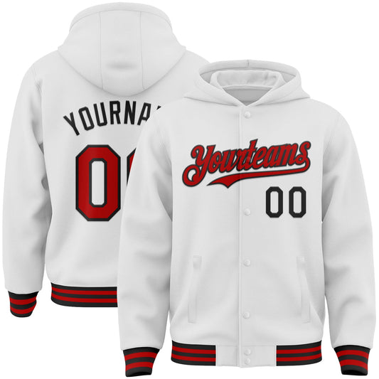 Custom White Red-Black Bomber Full-Snap Varsity Letterman Hoodie Jacket - Main View