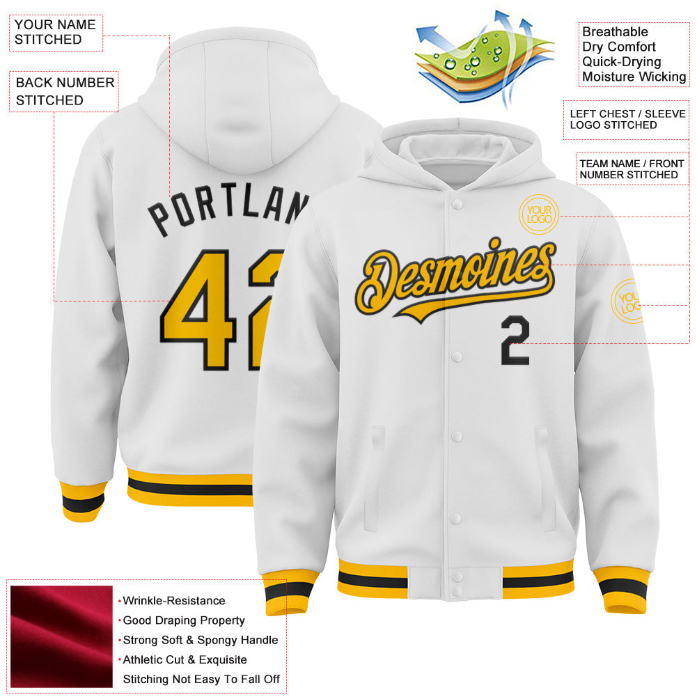 Custom White Gold-Black Bomber Full-Snap Varsity Letterman Hoodie Jacket view 3