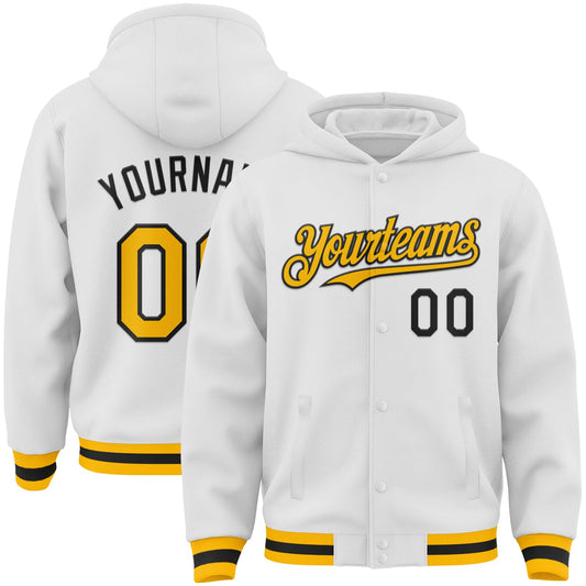 Custom White Gold-Black Bomber Full-Snap Varsity Letterman Hoodie Jacket - Main View