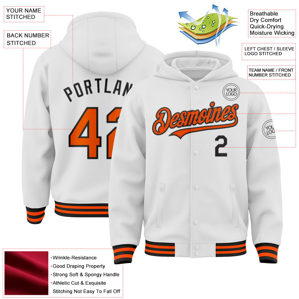 Custom White Orange-Black Bomber Full-Snap Varsity Letterman Hoodie Jacket view 3
