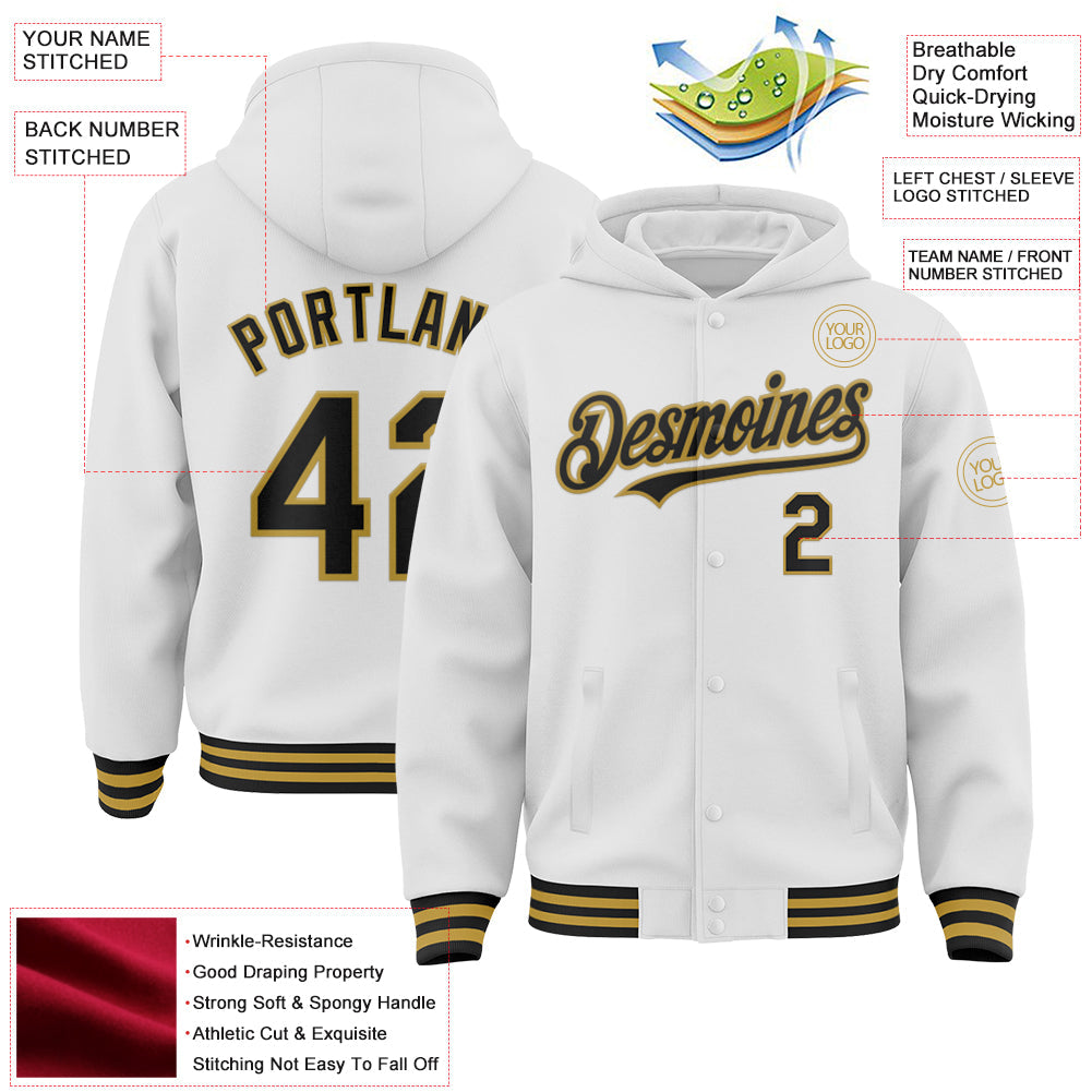 Custom White Black-Old Gold Bomber Full-Snap Varsity Letterman Hoodie Jacket view 3