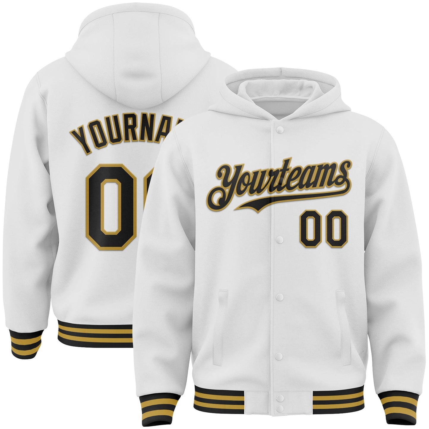 Custom White Black-Old Gold Bomber Full-Snap Varsity Letterman Hoodie Jacket - Main View