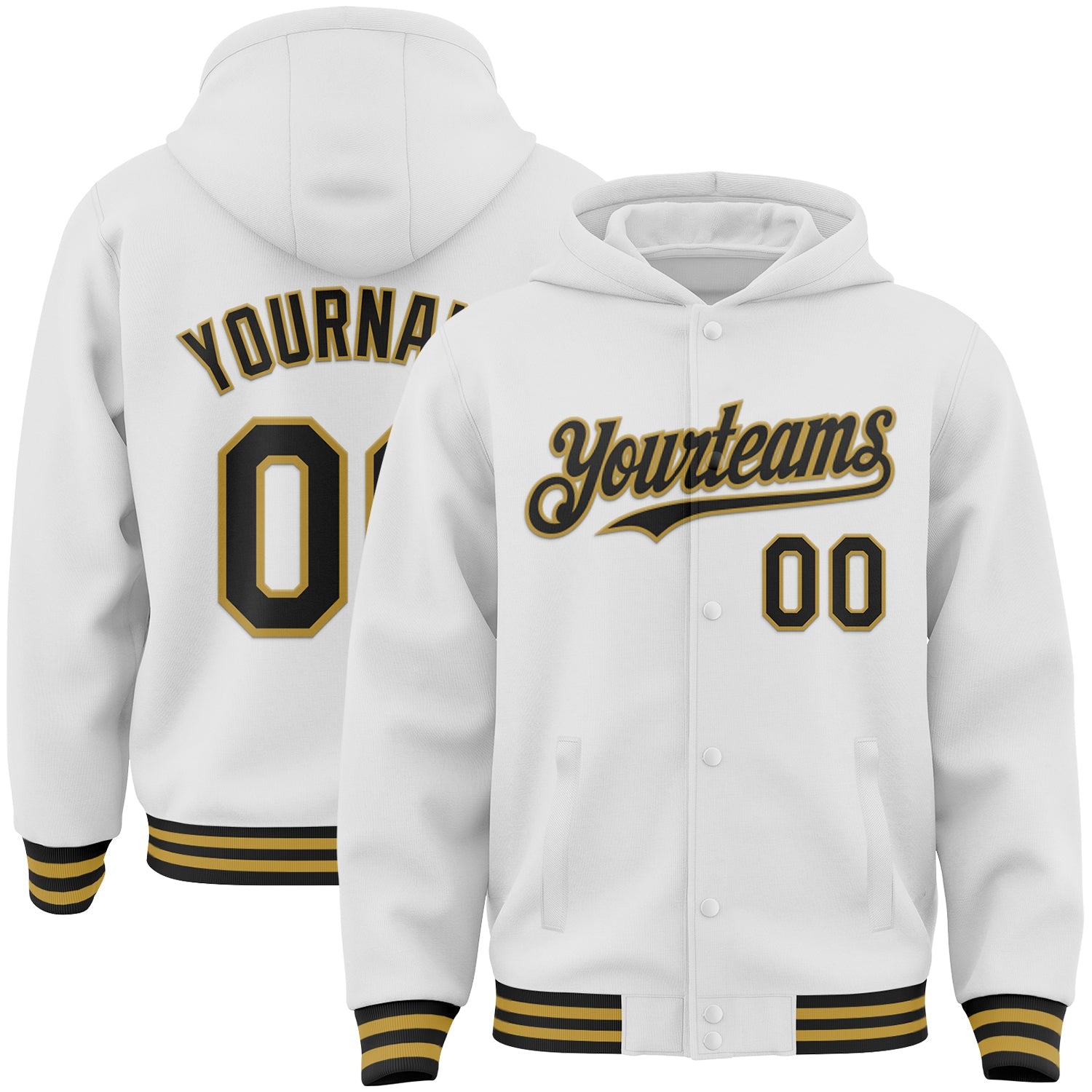 Custom White Black-Old Gold Bomber Full-Snap Varsity Letterman Hoodie Jacket - Main View