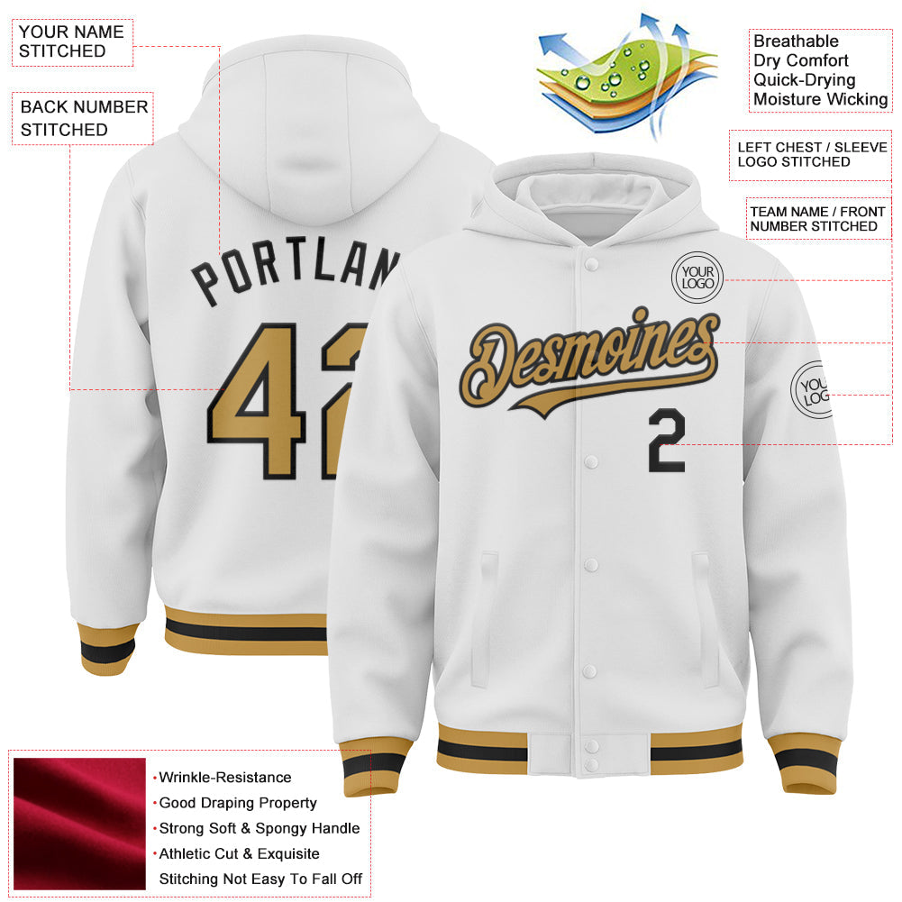 Custom White Old Gold-Black Bomber Full-Snap Varsity Letterman Hoodie Jacket view 3