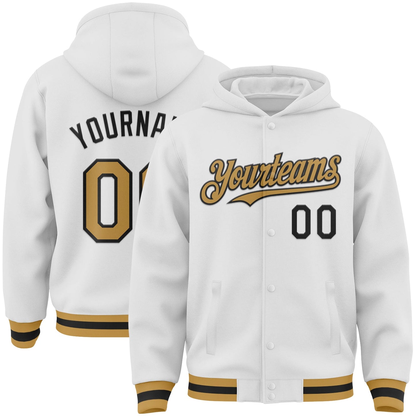 Custom White Old Gold-Black Bomber Full-Snap Varsity Letterman Hoodie Jacket - Main View