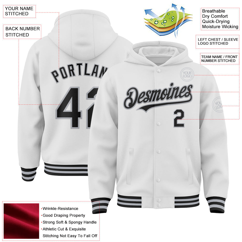 Custom White Black-Gray Bomber Full-Snap Varsity Letterman Hoodie Jacket view 3