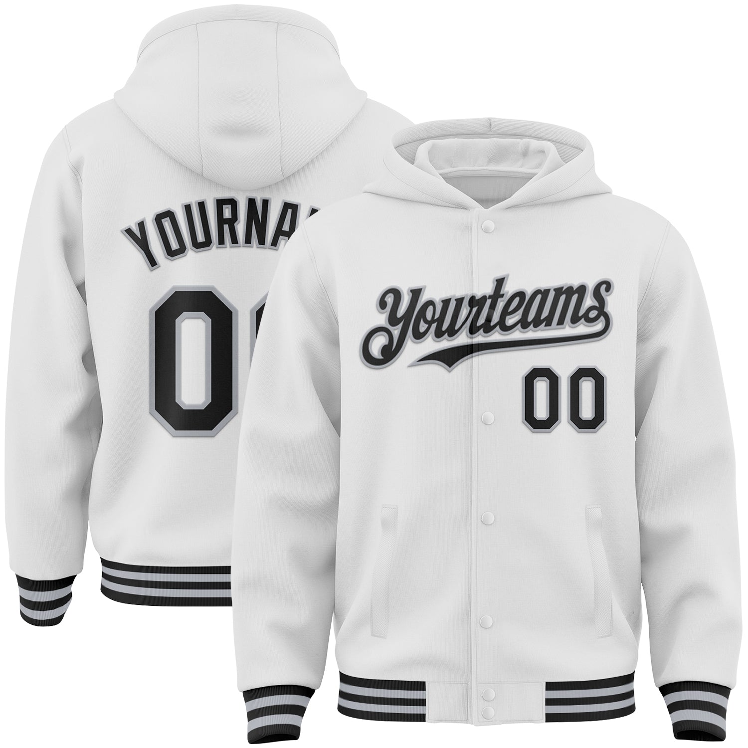 Custom White Black-Gray Bomber Full-Snap Varsity Letterman Hoodie Jacket - Main View