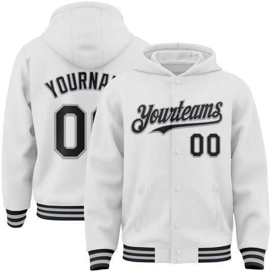 Custom White Black-Gray Bomber Full-Snap Varsity Letterman Hoodie Jacket - Main View