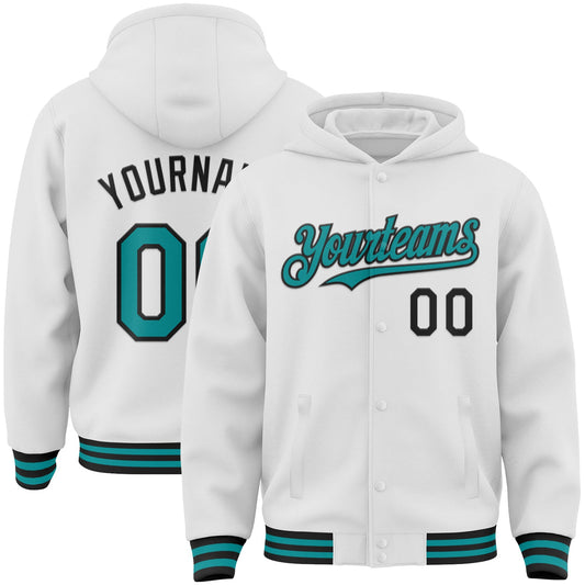 Custom White Teal-Black Bomber Full-Snap Varsity Letterman Hoodie Jacket - Main View