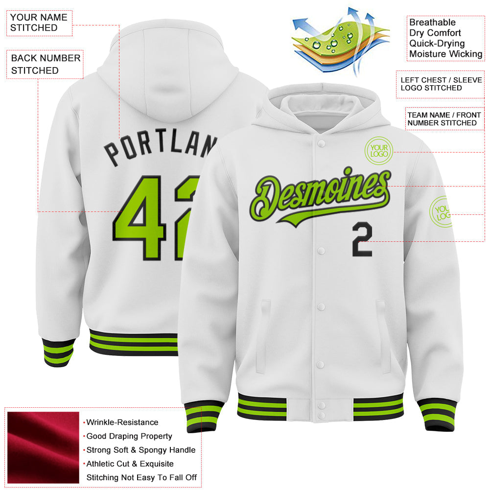 Custom White Neon Green-Black Bomber Full-Snap Varsity Letterman Hoodie Jacket view 3