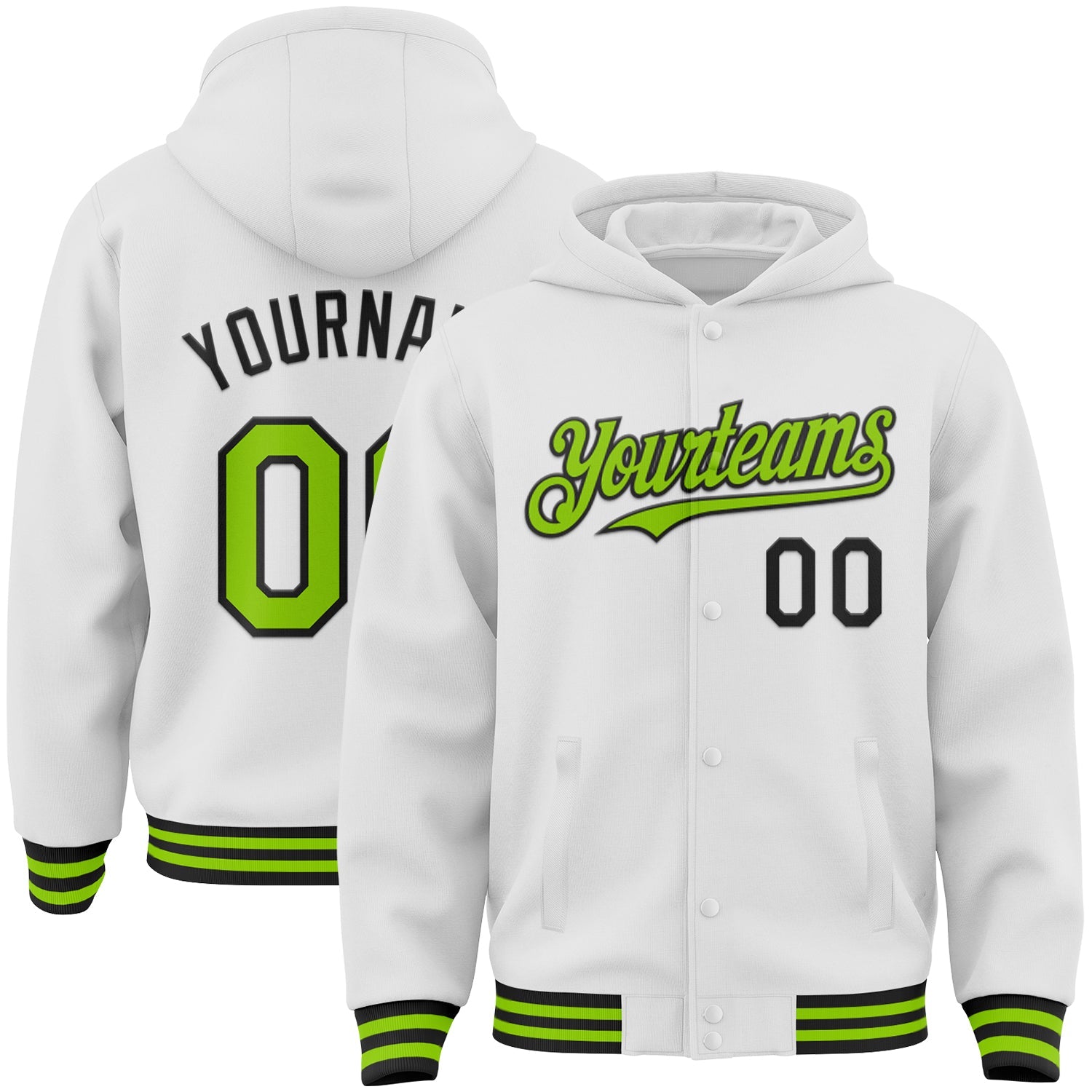 Custom White Neon Green-Black Bomber Full-Snap Varsity Letterman Hoodie Jacket - Main View