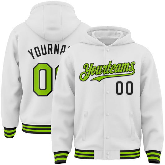 Custom White Neon Green-Black Bomber Full-Snap Varsity Letterman Hoodie Jacket - Main View
