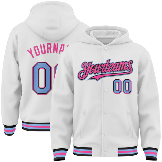 Custom White Light Blue Black-Pink Bomber Full-Snap Varsity Letterman Hoodie Jacket - Main View