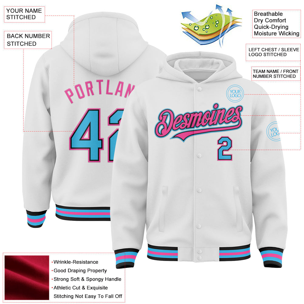 Custom White Sky Blue Black-Pink Bomber Full-Snap Varsity Letterman Hoodie Jacket view 3