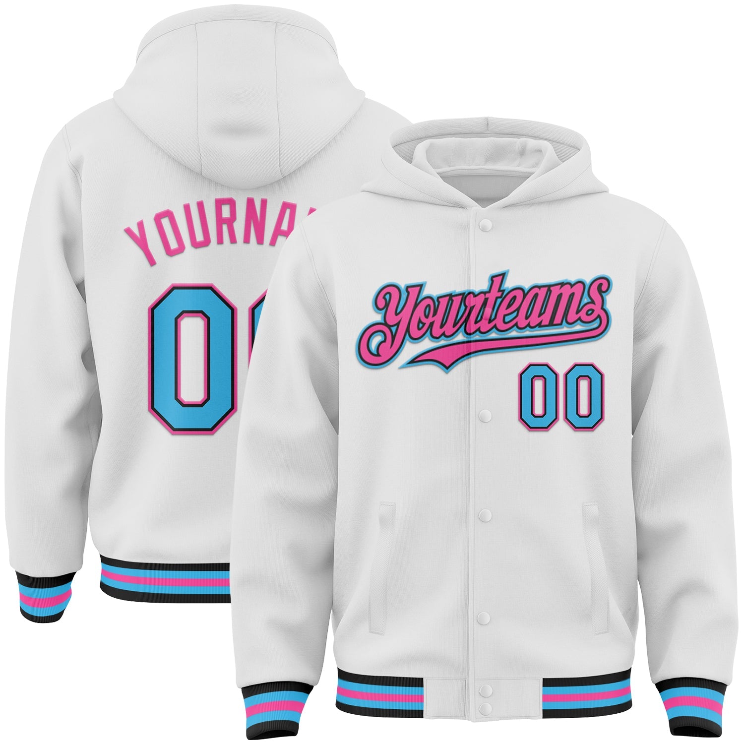 Custom White Sky Blue Black-Pink Bomber Full-Snap Varsity Letterman Hoodie Jacket - Main View