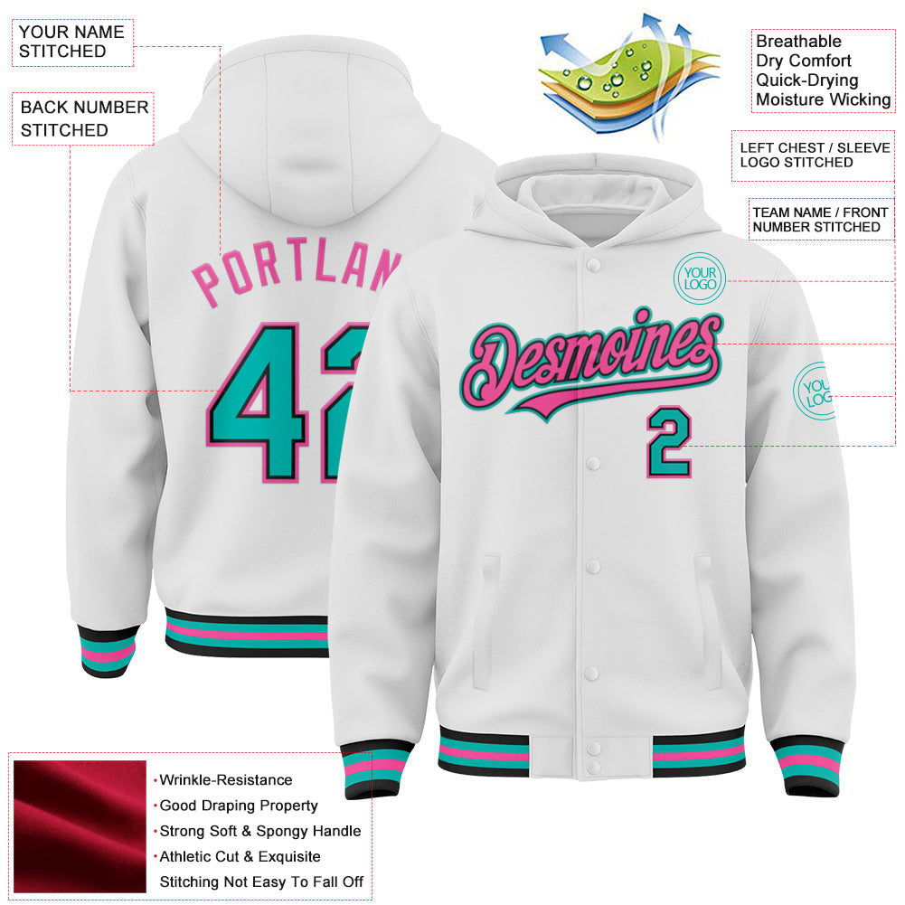 Custom White Aqua Black-Pink Bomber Full-Snap Varsity Letterman Hoodie Jacket view 3