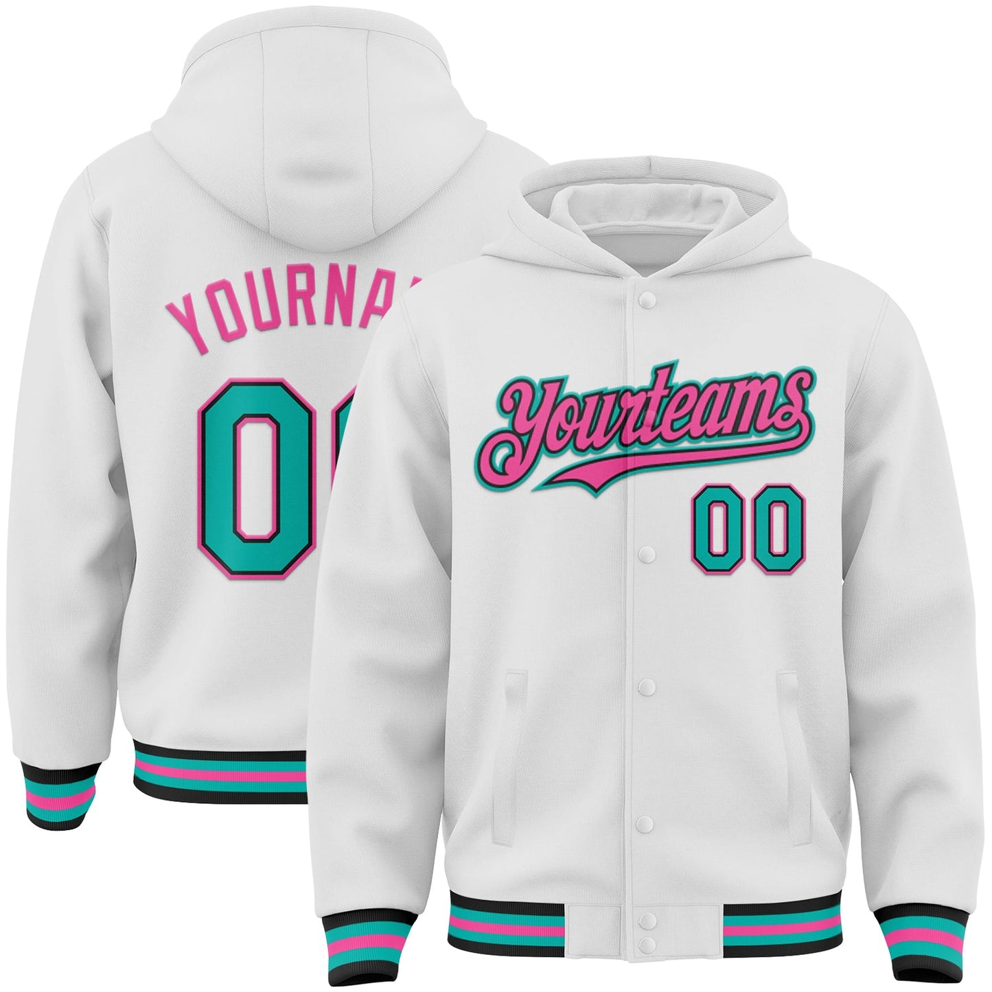Custom White Aqua Black-Pink Bomber Full-Snap Varsity Letterman Hoodie Jacket - Main View