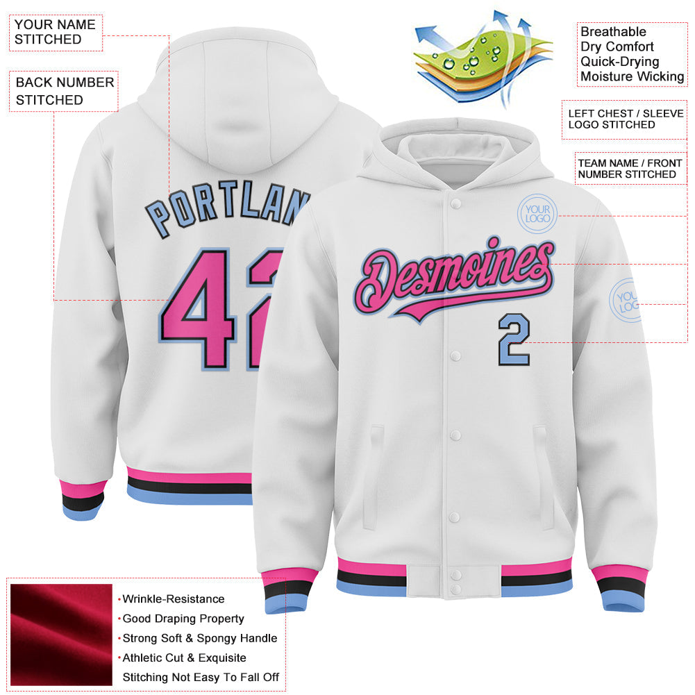 Custom White Pink Light Blue-Black Bomber Full-Snap Varsity Letterman Hoodie Jacket view 3
