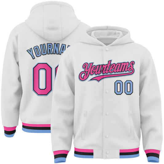 Custom White Pink Light Blue-Black Bomber Full-Snap Varsity Letterman Hoodie Jacket - Main View