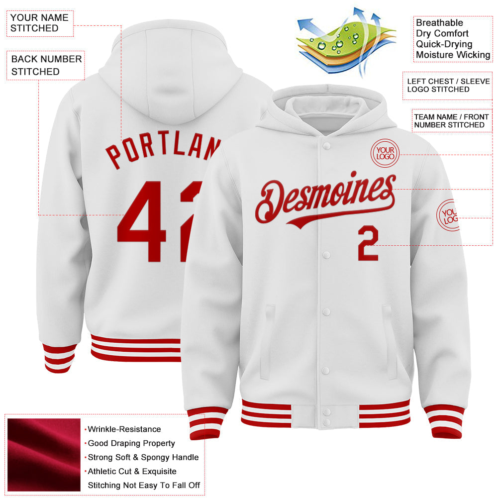 Custom White Red Bomber Full-Snap Varsity Letterman Hoodie Jacket view 3