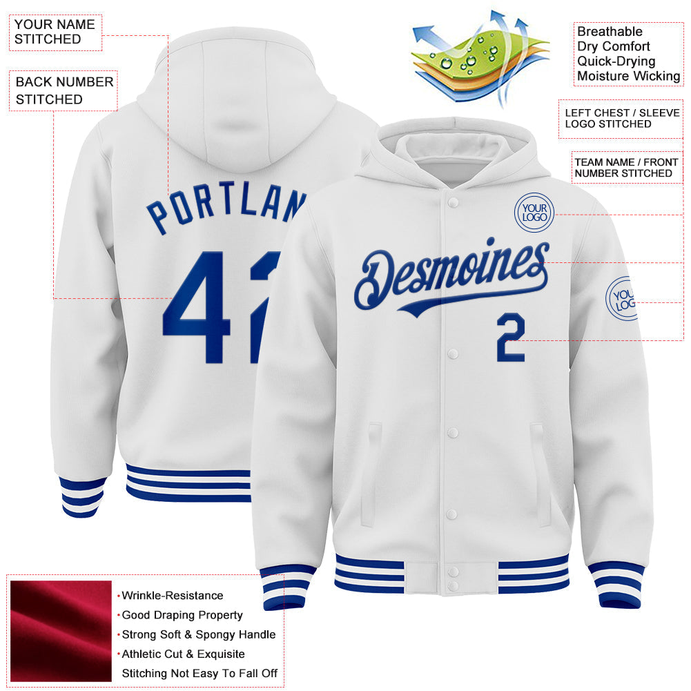 Custom White Royal Bomber Full-Snap Varsity Letterman Hoodie Jacket view 3